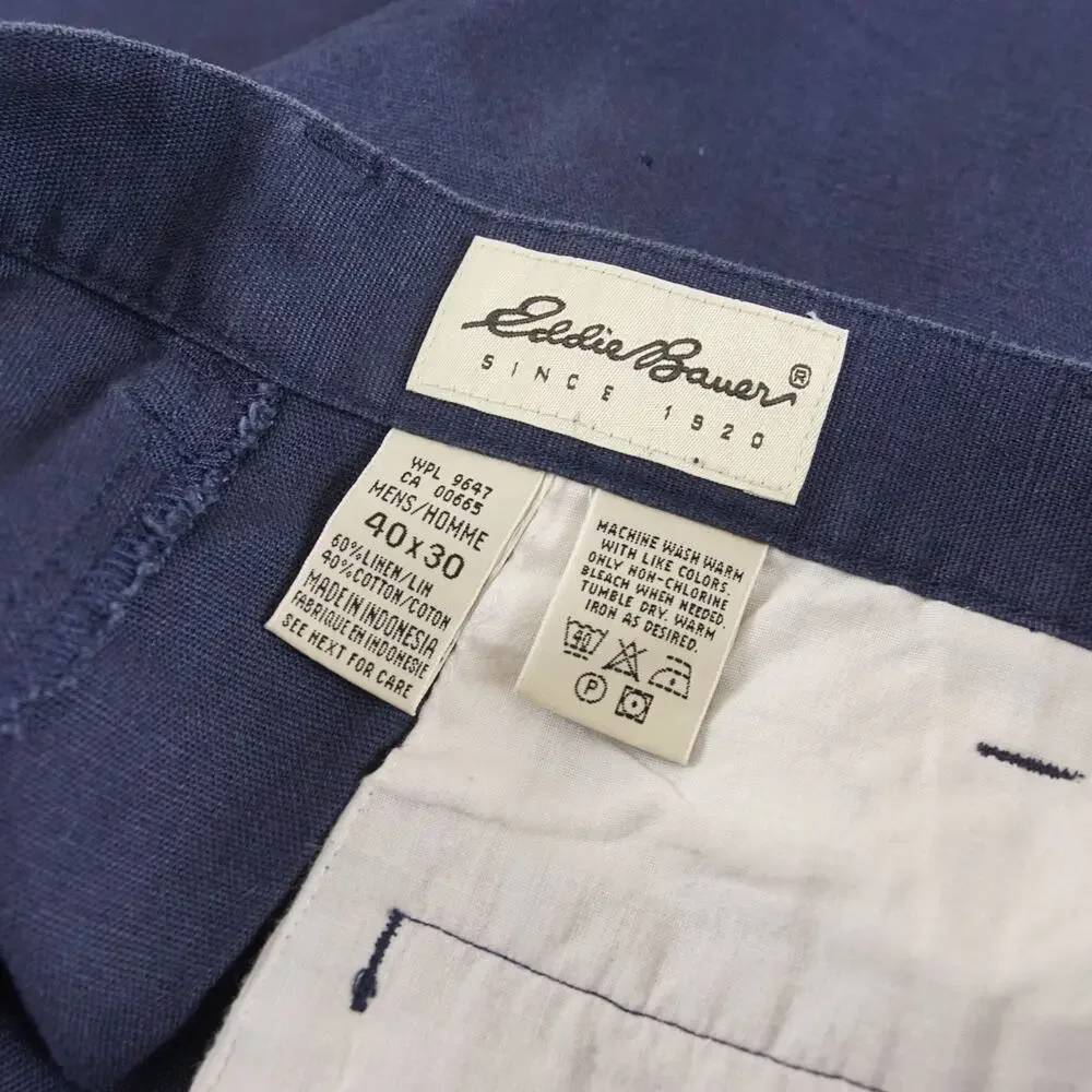 Vintage Eddie Bauer High Waist Pleated Linen Cotton Blend Blue Pants Sz 40 x 30